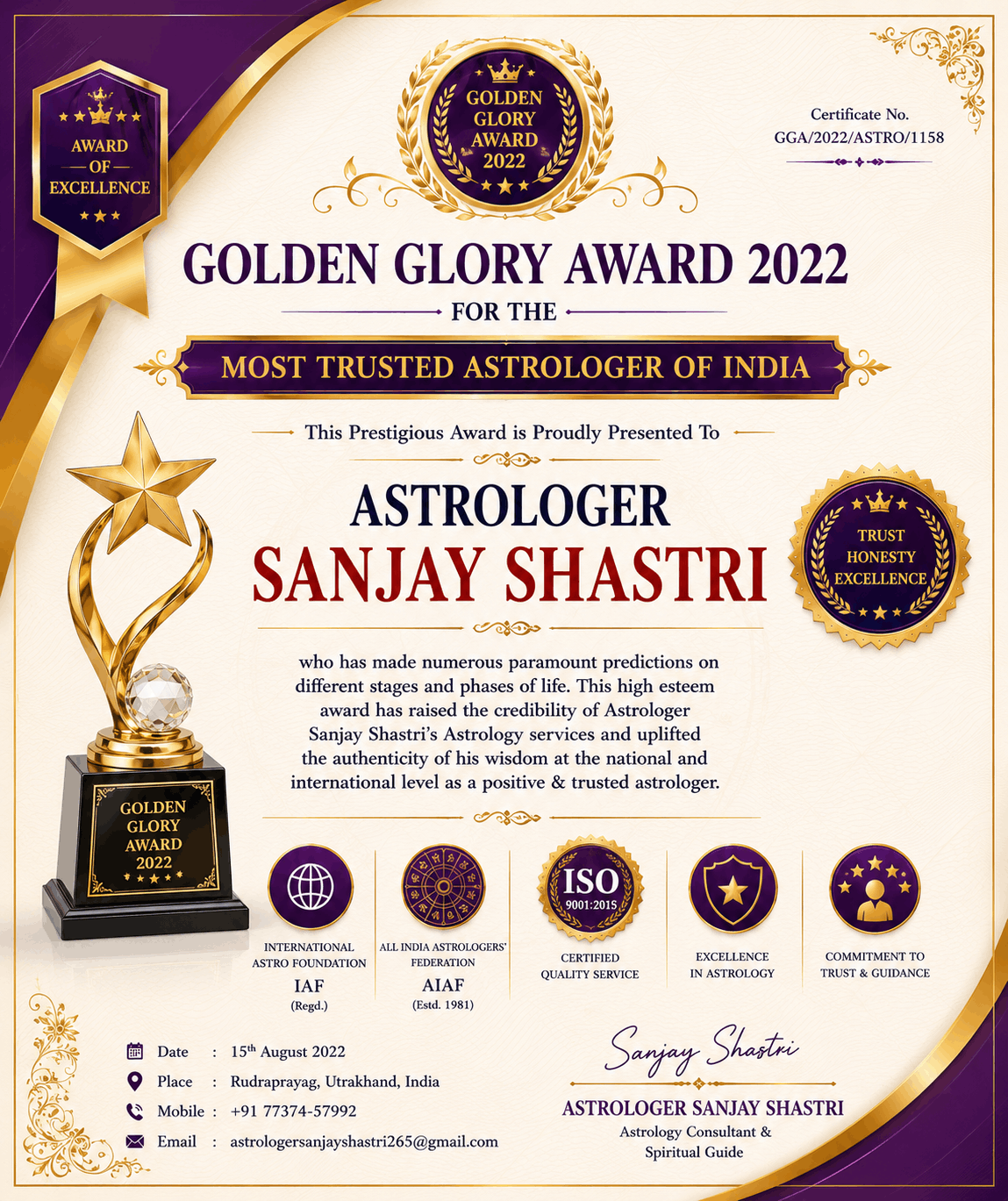 Astrologer Sanjay Shastri Certificate Center