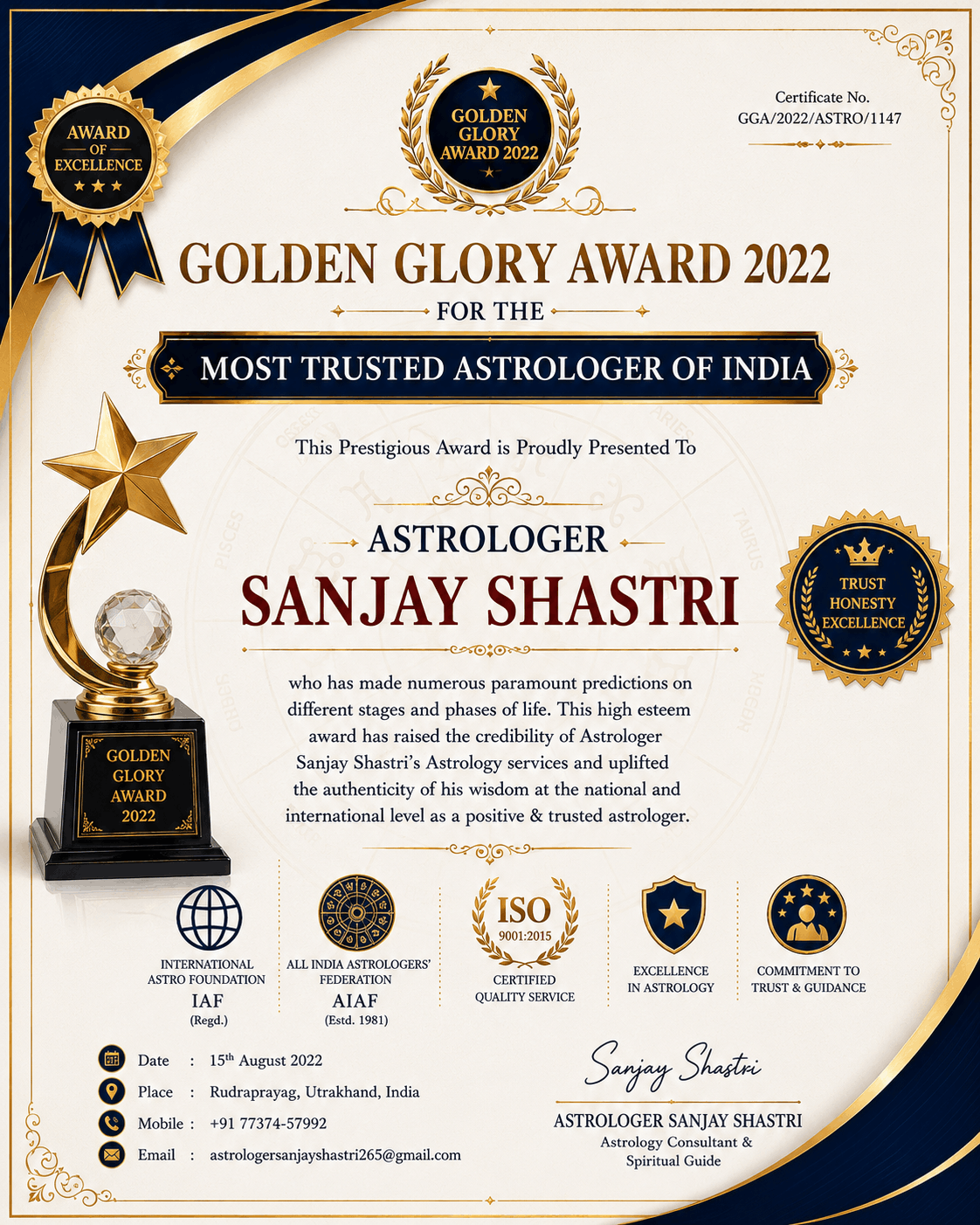 Astrologer Sanjay Shastri Certificate 2